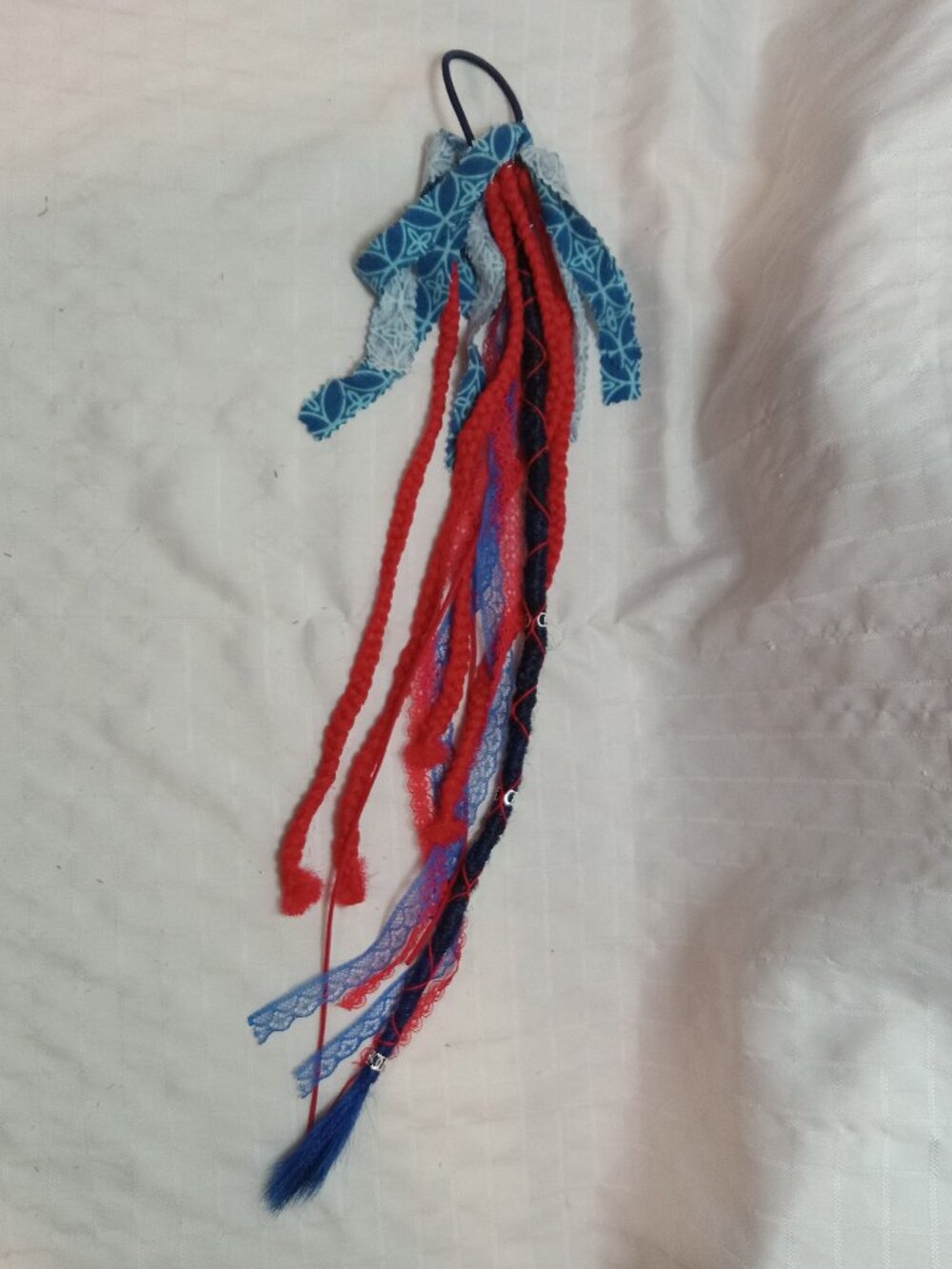 Handmade bohemian hair accessory with dreads, braids, lace ribbons & decorations